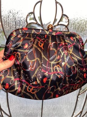 Black Satin Chain-Print Evening Clutch